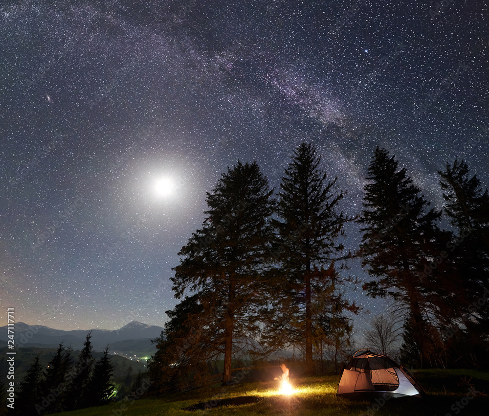 Night camping in mountains. Tourist tent by burning campfire under amazing beautiful dark blue starry sky, full moon and Milky way. High pine trees on background. Outdoor activity, tourism concept - obrazy, fototapety, plakaty 