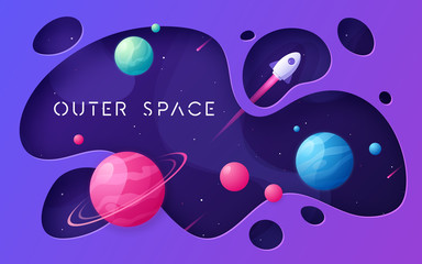 Wall Mural - Colorful cartoon outer space background, design, banner, artwork. 