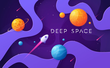 Wall Mural - Colorful cartoon outer space background, design, banner, artwork.