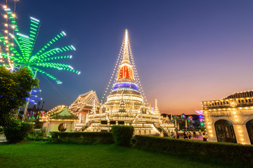 Stupa at temple phra samut chedi decorated with electric bulbswith and beautiful sky in twilight time, samut Prakan, Thailand. Temple festival.