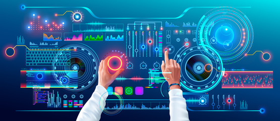 Aufkleber - Scientist Work with Futuristic Holographic HUD Interface. User Hands Controls Abstract Tech Elements Virtual Digital Dashboard. Fantastic Science Infographic and Data on Tach Panel.