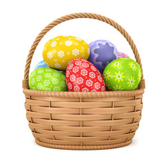 Wall Mural - Easter eggs in a basket on a white background. 3d rendering.