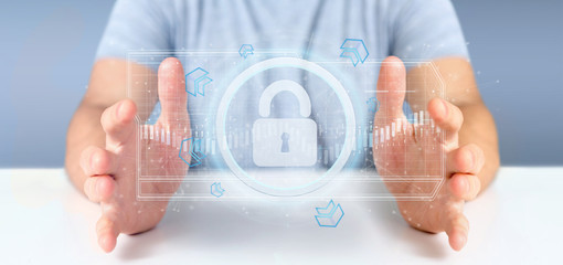 Poster - Man holding a padlock web security concept 3d rendering