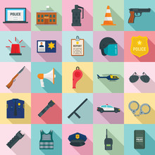 Police Equipment Icons Set. Flat Set Of Police Equipment Vector Icons For Web Design