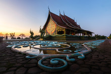 Sirindhorn Wararam Phu Prao Temple (Wat Phu Prao) Ubon Ratchathani Thailand Or Popularly Called Glowing Temple Reflection Of Water During Twilight Sunset.