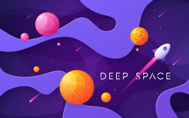 Wall Mural - Colorful cartoon outer space background, design, banner, artwork. 