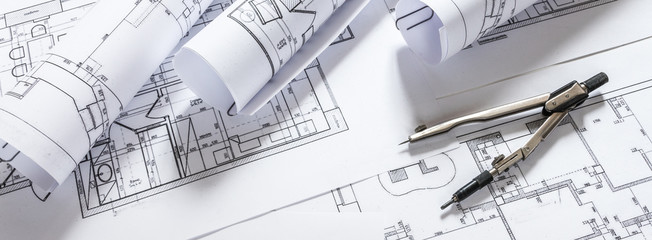 Architect drawing blueprints, architectural project in progress. Construction engineering long banner