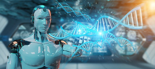 Aufkleber - White male cyborg scanning human DNA 3D rendering