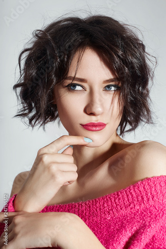 Sexy Woman With Short Hair Cut In Pink Red Sweater On White