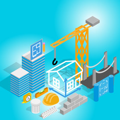 Poster - Construction concept banner. Isometric banner of construction vector concept for web, giftcard and postcard