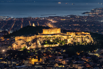 Fototapete - Blick auf den Parthenon Tempel der Akropolis von Athen, Griechenland, am Abend