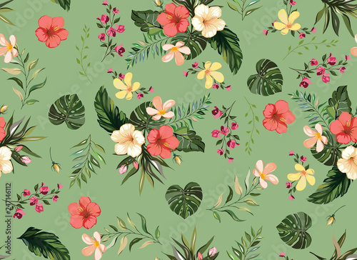 Floral tropical  seamless pattern background with exotic flowers, jungle leav...