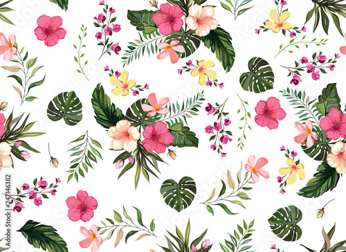 Floral tropical  seamless pattern background with exotic flowers, jungle leav...