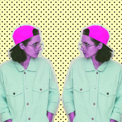 Poster - Collage poster art of two fashion pretty alien pink girls in sunglasses, denim jacket and baseball cap. Retro style of magazine cutting