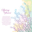 Vector corner bouquet with outline Willow twigs in pastel blue and pink on the textured white background. Branch with blooming pussy-Willow in contour style for Easter springtime design.