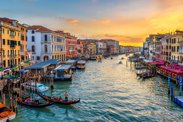 Wall Mural - grand canal with gondolas in venice, italy. sunset view of venice grand canal. architecture and land