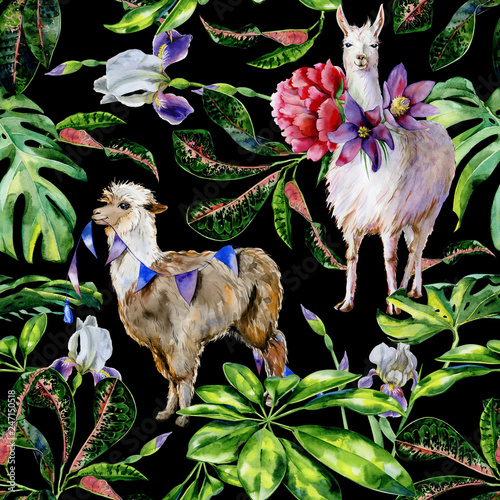 Watercolor seamless tropical pattern of  alpaca with flags and cartoon llama ...