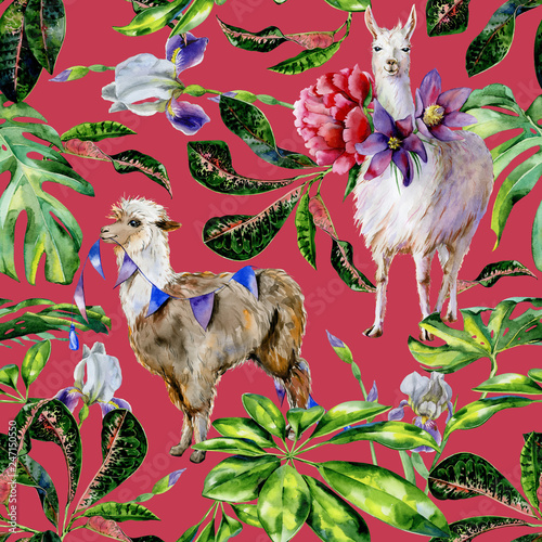 Watercolor seamless tropical pattern of  alpaca with flags and cartoon llama ...
