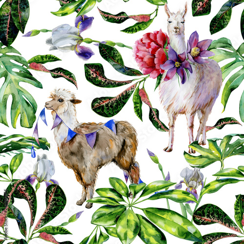 Watercolor seamless tropical pattern of  alpaca with flags and cartoon llama ...
