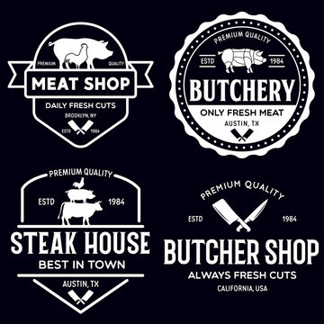 Set of Butcher Shop and Butchery hand written lettering logo, label, badge, emblem. Template for shop, cover, sticker, print, business works. Vintage retro style.