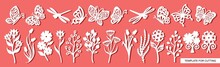Set Of Twigs, Flowers, Butterflies And Dragonflies. Plant Theme. White Objects On A Pink Background. Template For Laser Cutting, Wood Carving, Paper Cut And Printing. Vector Illustration.