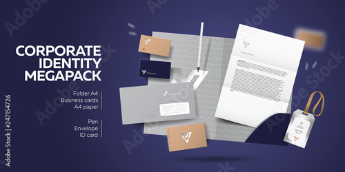 Corporate Branding Identity Design Stationery Mockup Vector Megapack Set Template For Industrial Or Technic Company Folder And A4 Letter Visiting Card And Envelope Colorful Creative Logo Design Buy This Stock Vector