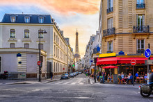 Cozy Street With Tables Of Cafe In Paris, France. Architecture And Landmark Of Paris. Cozy Paris Cityscape.