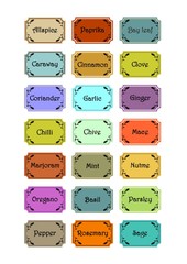 Set of spice labels in retro style, different colors, spice titles in frame with small plant motif, vector template