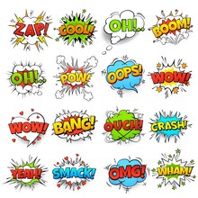 Comic Words. Cartoon Boom Crash Speech Bubble Funny Elements And Kids Sketch Stickers Vector Icons Set