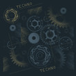 Technology t shirt. Futuristic gears painted by dots on a blue background. Techno print.