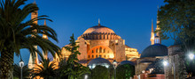 Scenic Panorama Of The Hagia Sophia At Night, Istanbul, Turkey