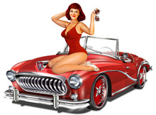 Pin-up Girl And Retro Car Isolated On White Background	