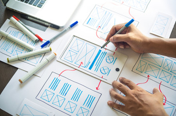 Poster - ux Graphic designer creative  sketch planning application process development prototype wireframe for web mobile phone . User experience concept.