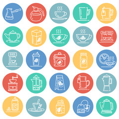 Poster - Tea and coffee outline icons set on color circles white background for graphic and web design, Modern simple vector sign. Internet concept. Trendy symbol for website design web button or mobile app