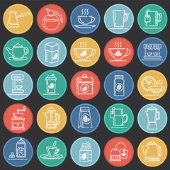 Poster - Tea and coffee outline icons set on color circles black background for graphic and web design, Modern simple vector sign. Internet concept. Trendy symbol for website design web button or mobile app