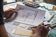 © Chaosamran_Studio - Architect designer Interior creative working hand drawing sketch plan blue print selection material color samples art tools Design Studio