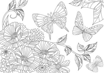 Wall Mural - fancy flowers with couple of butterflies for your coloring page