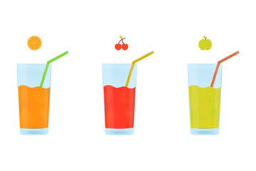 Fruit juice in a glass cup, juice from orange, cherry and apple on a white background