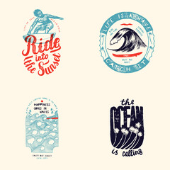 Surfing print set: ride into the sunset - male surfer, life is a wave - catch it, happiness comes in waves, the ocean is calling