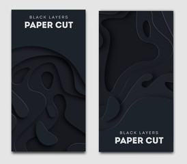 Poster - Vertical black banners with 3D abstract background, white paper cut shapes. Vector design layout for business presentations, flyers, posters and invitations. Carving art