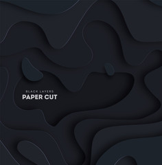 Poster - 3D black abstract background with white paper cut shapes. Vector design layout for business presentations, flyers, posters.