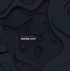 Poster - 3D black abstract background with white paper cut shapes. Vector design layout for business presentations, flyers, posters.