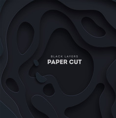 Poster - 3D black abstract background with white paper cut shapes. Vector design layout for business presentations, flyers, posters.