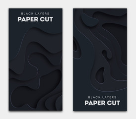 Poster - Vertical black banners with 3D abstract background, white paper cut shapes. Vector design layout for business presentations, flyers, posters and invitations. Carving art