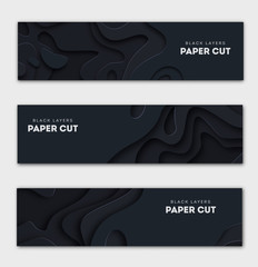 Poster - Horizontal black banners with 3D abstract background, white paper cut shapes. Vector design layout for business presentations, flyers, posters and invitations. Carving art