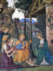 The fresco Nativity with the St. Jerome by Bernardino Pinturicchio (1488 - 1490) in Rovere chapel in Church of Santa Maria del Popolo, Rome, Italy 