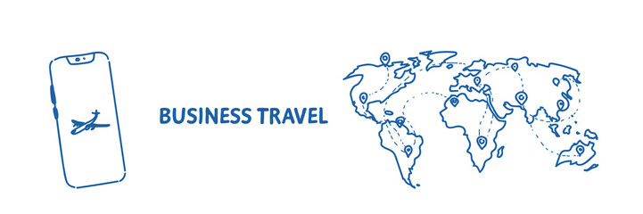 Poster - mobile application business travel concept tourism company agency world map with pins international traveling by plane sketch flow style horizontal
