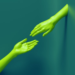 Wall Mural - 3d render, female hands isolated, minimal fashion background, helping hands, emerald neon green mannequin body parts, partnership concept