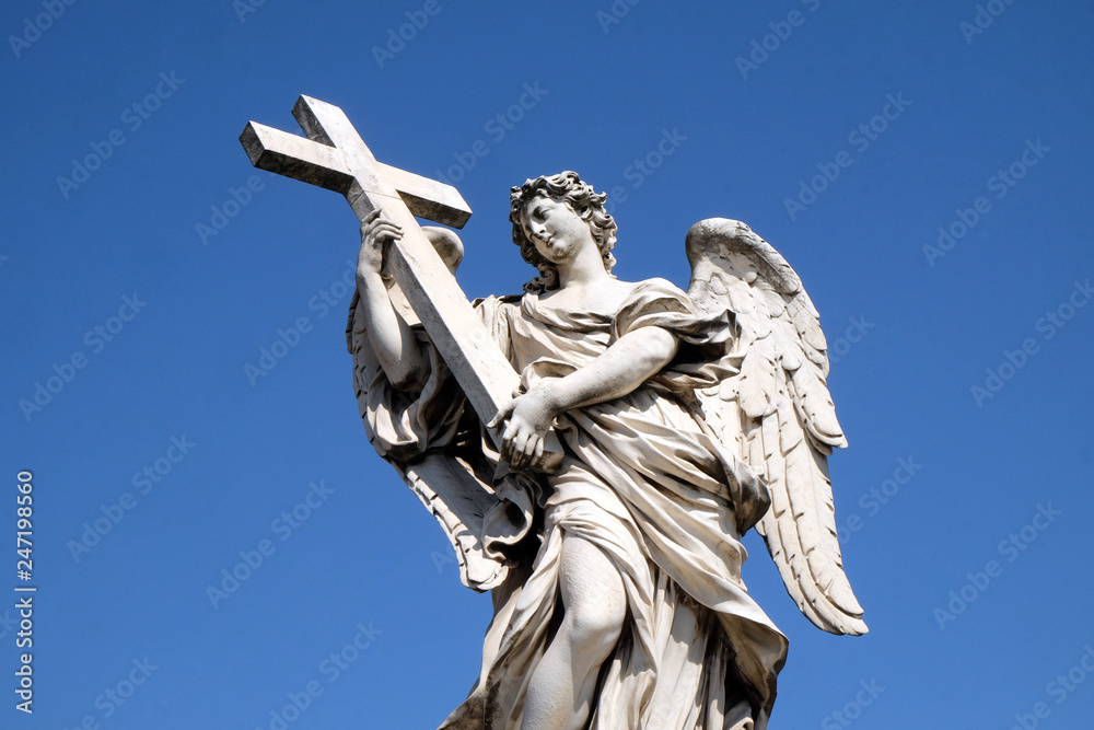 Statue of Angel with the Cross by Ercole Ferrata, Ponte Sant Angelo in Rome, Italy   - obrazy, fototapety, plakaty 