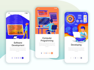 Set of onboarding screens user interface kit for Development, Programming, Developing, mobile app templates concept. Modern UX, UI screen for mobile or responsive web site. Vector illustration.